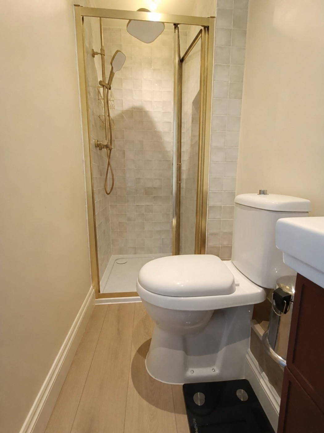 Brushed brass framed shower enclosure with zellige tiling, Mill Hill NW7 bathroom renovation