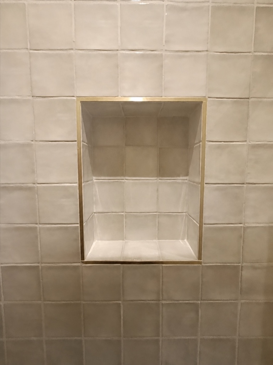 Tiled shower niche with brushed brass trim, Mill Hill NW7 bathroom